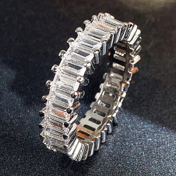 925 Silver Plated Round Rectangle Diamond CZ Rings For Women, HA4554-6 - Picture 1 of 4